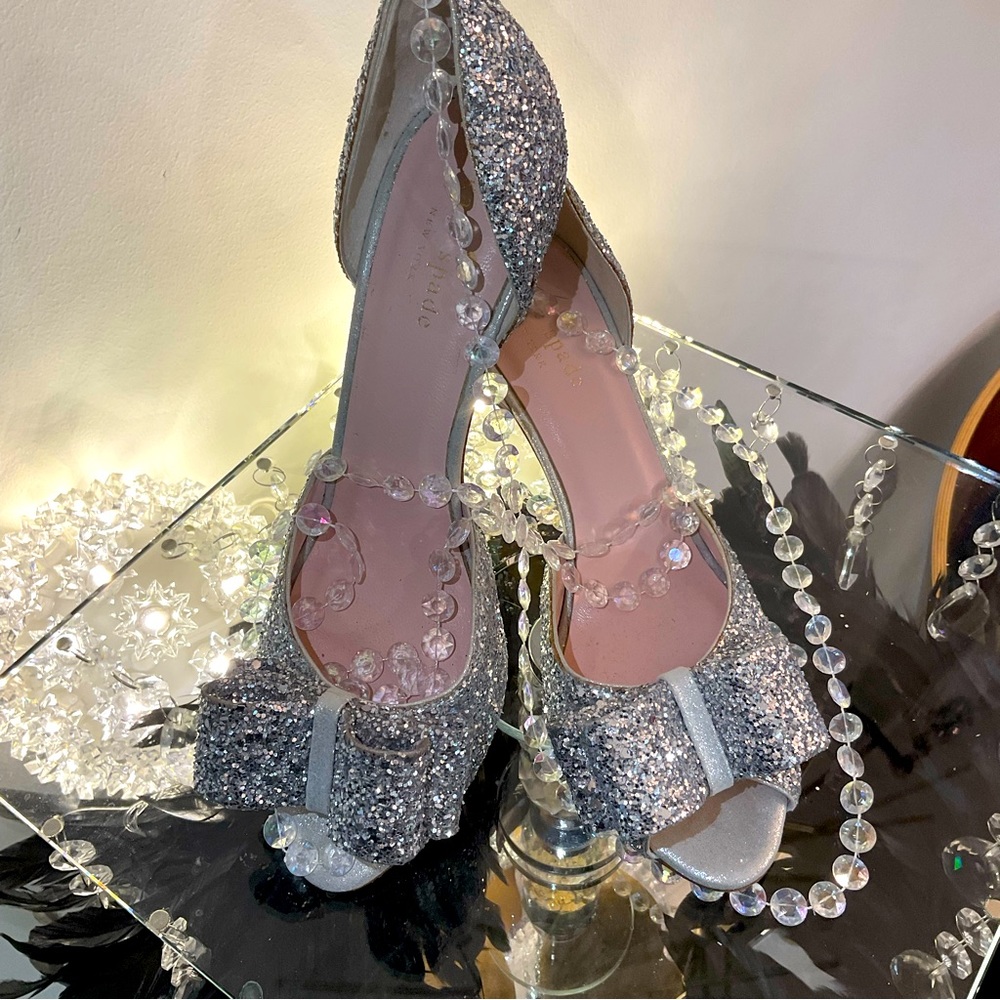 Kate Spade Wedding Sela Bow Glitter Peep Toe Pumps Sz 7 1/2 excellent condition